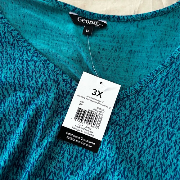 TOP, COLD SHOULDER, BLUE & TEAL, SIZE 3X, LONG LENGTH, VEE NECK, CAP SLEEVES, - Picture 5 of 9